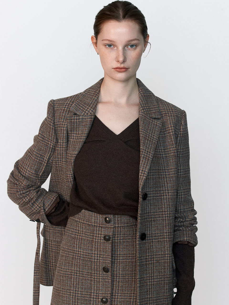Breasted Tailored Belted Check Jacket KW3WJ4060_9R